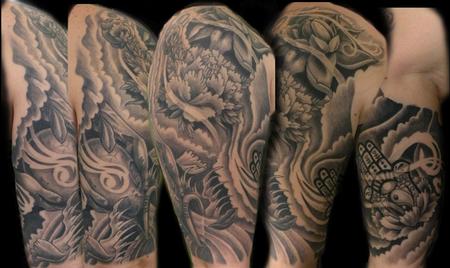 Tattoos - black and gray flower half sleeve  - 60036